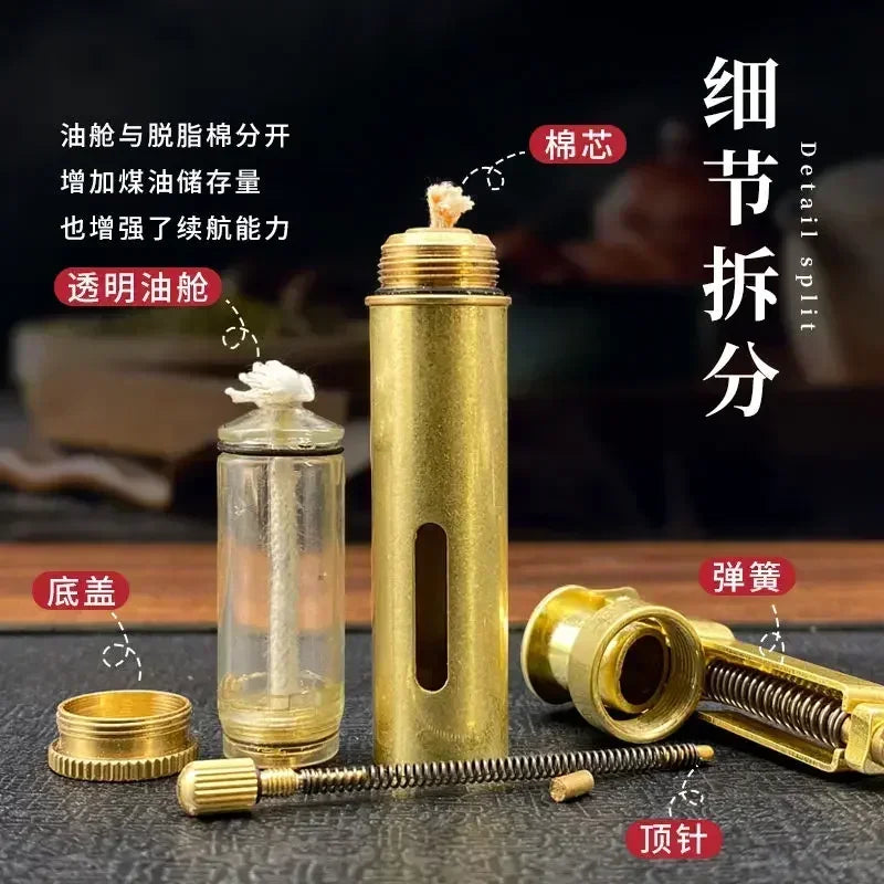 Copper Kerosene Lighter Visual Oil Tank One-key Ignition Retro Nostalgic Grinding Wheel Lighter Men's Smoking Gift Tool