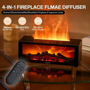 Fireplace Flame Diffuser, 9.47oz Cool Mist Humidifier with Remote, Timer, USB Power, 2 Essential Oils, 7 Color Lights, Ideal for