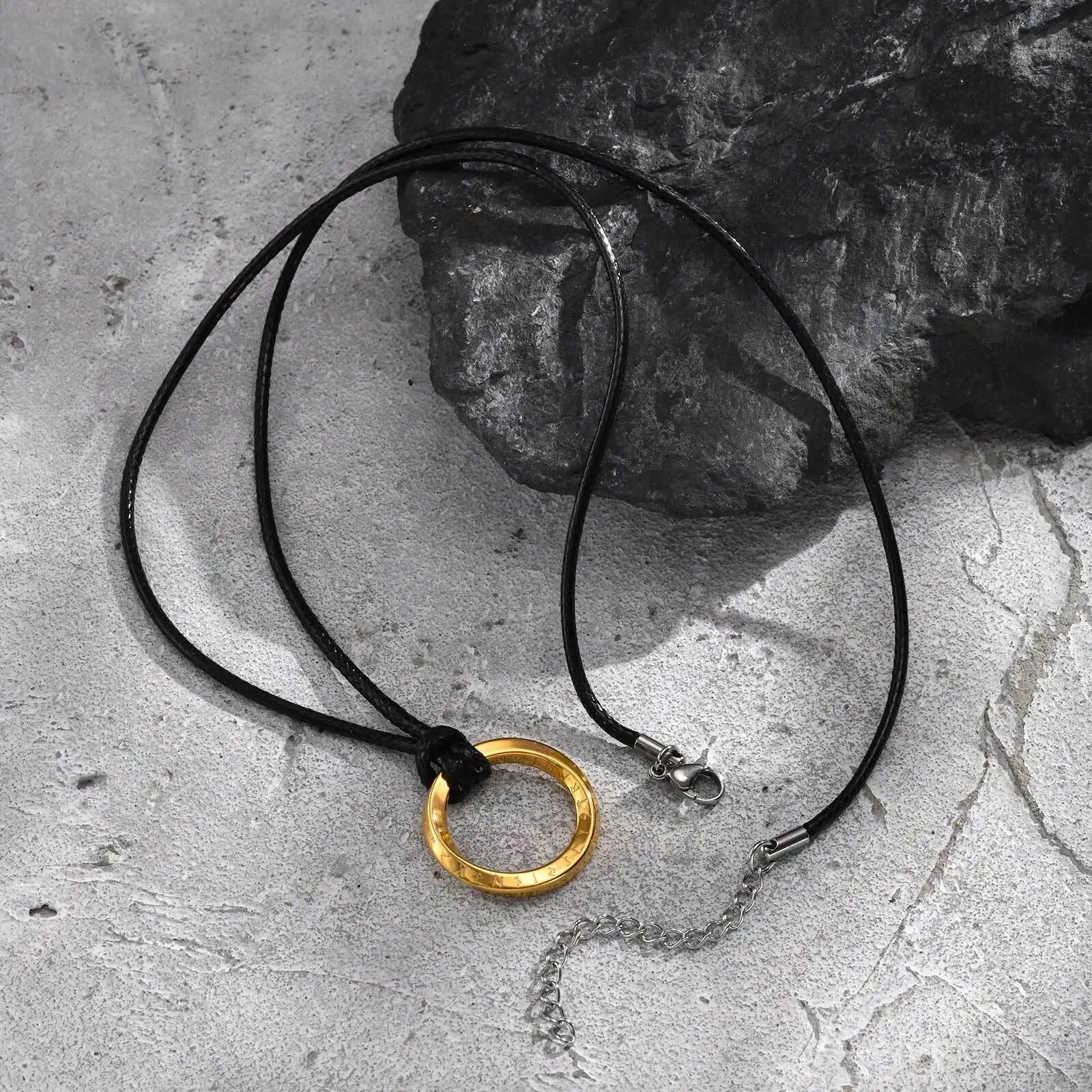 Vicking Round Mobius Necklace for Men,Stainless Steel Pendant with Black Wax Rope,Classic Jewelry Gift to Husband Father Son
