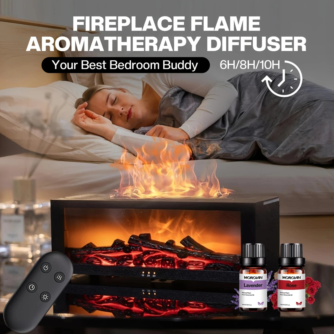 Fireplace Flame Diffuser, 9.47oz Cool Mist Humidifier with Remote, Timer, USB Power, 2 Essential Oils, 7 Color Lights, Ideal for