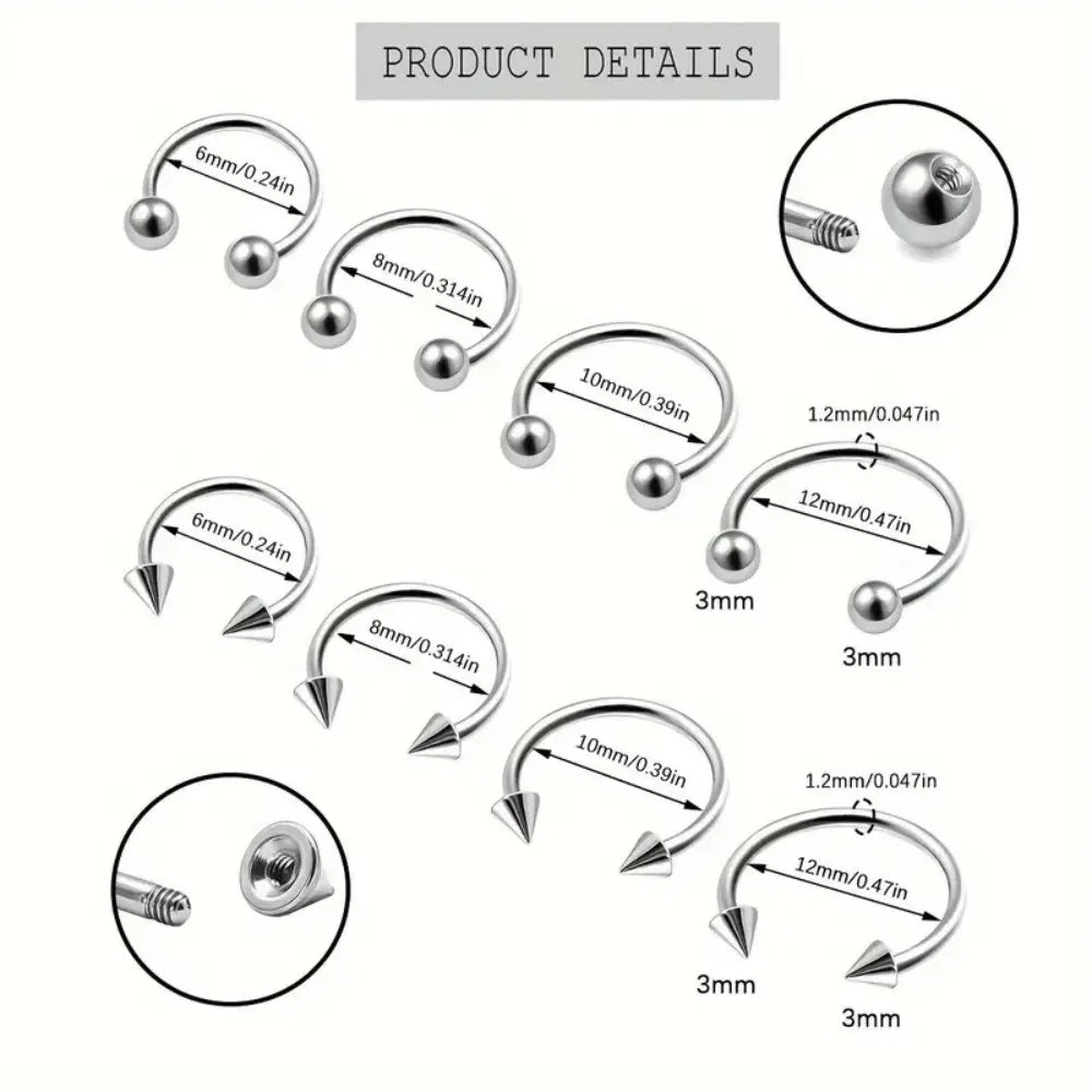 4pcs Simple Stainless Steel Nose Septum Ring Horseshoe Spiral Ear Screen Cartilage Earrings Lip  Eyebrow Piercing Jewelry Y2K