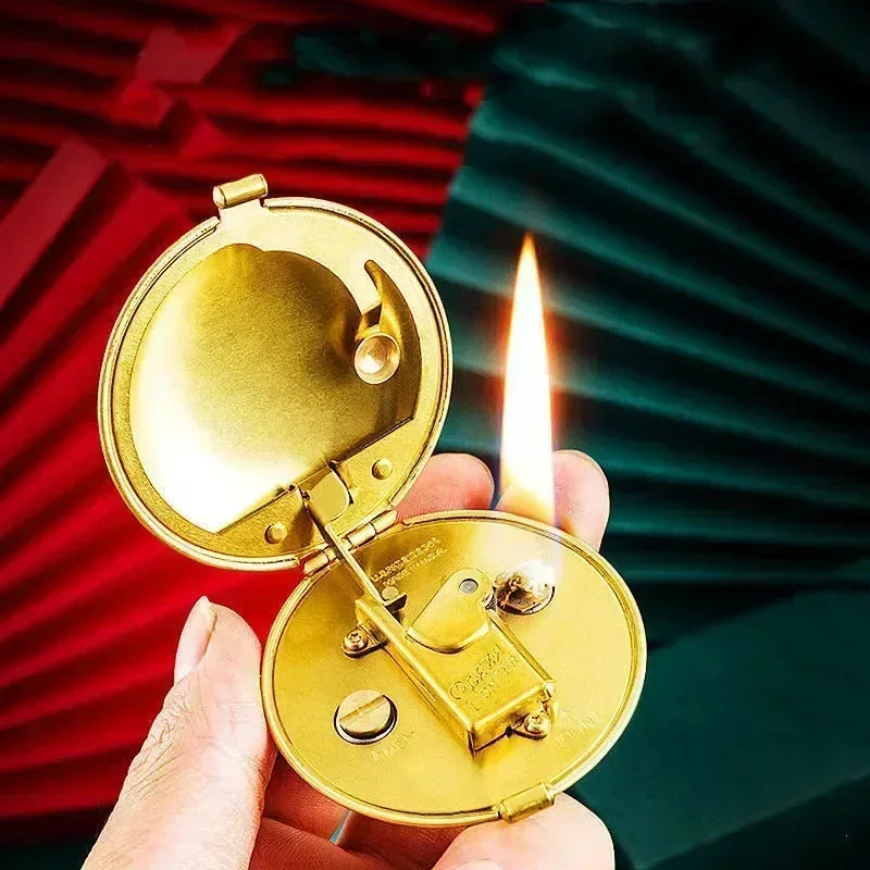 Ultra-thin Portable Compact Powder Cake-shaped Open Cover Ignition Retro Kerosene Lighter Metal Open Fire Smoking Gadgets
