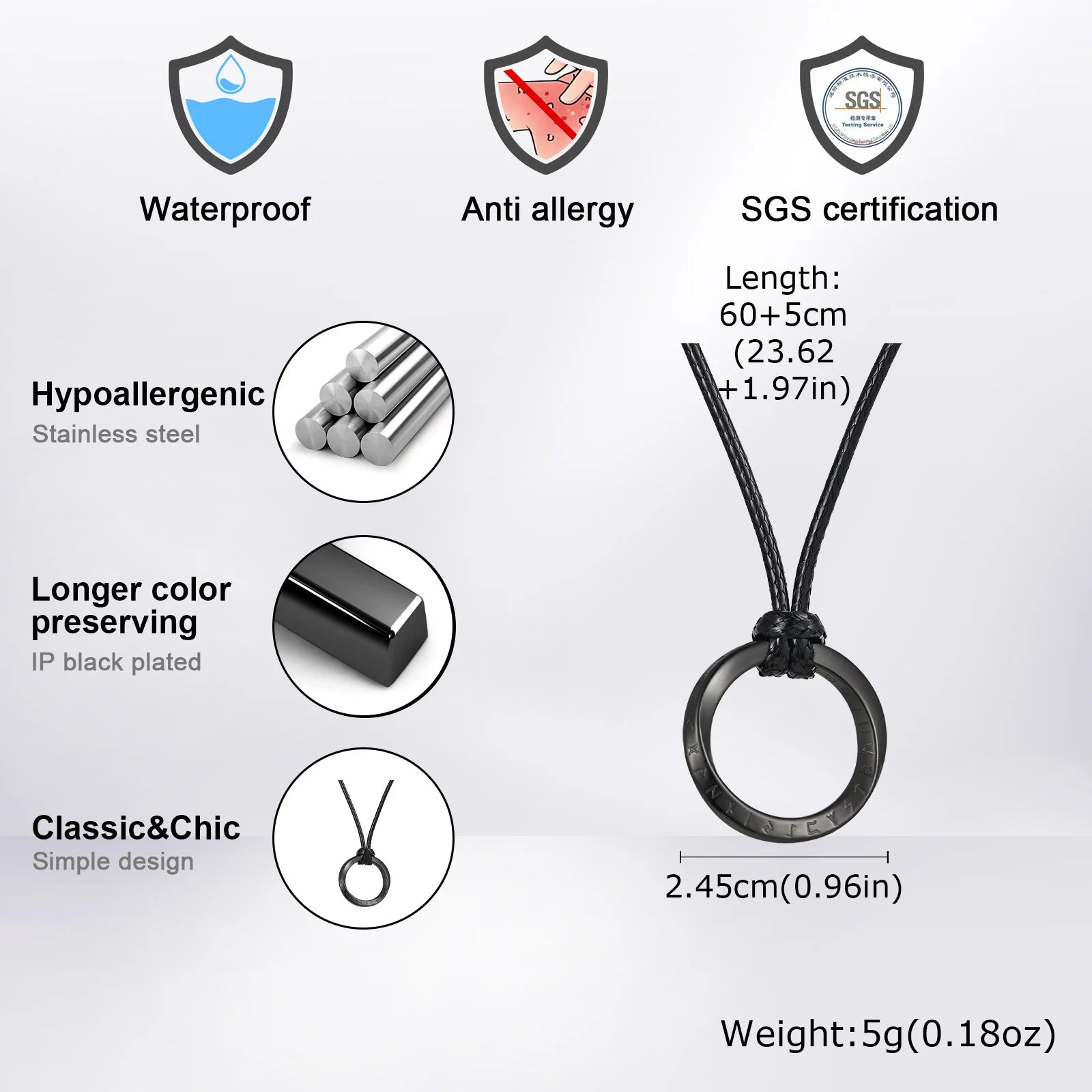 Vicking Round Mobius Necklace for Men,Stainless Steel Pendant with Black Wax Rope,Classic Jewelry Gift to Husband Father Son